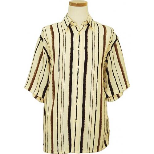 Bassiri Cream With Brown Stripes Micro Fiber Short Sleeves Shirt #3711